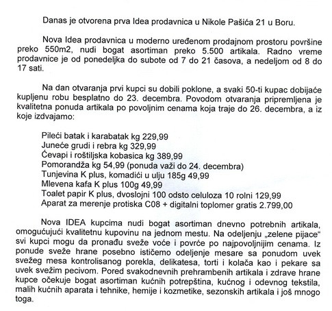 DANAS U BORU OTVORENA PRODAVNICA IDEA