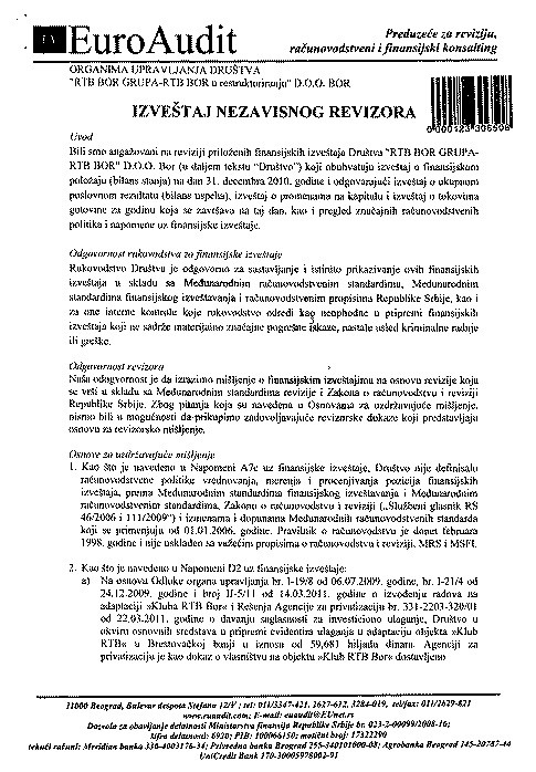 Izvestaj nezavisnog revizora 2010 str1 RTB BOR, IAKO JE OBEĆANO, NIJE ODGOVORIO NA IZVEŠTAJ REVIZORA O POSLOVANJU TE KOMPANIJE ZA 2010.