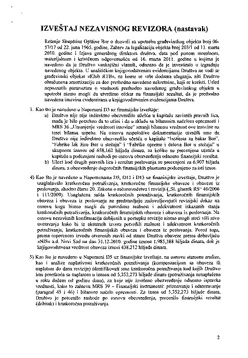 Izvestaj nezavisnog revizora 2010 str2 RTB BOR, IAKO JE OBEĆANO, NIJE ODGOVORIO NA IZVEŠTAJ REVIZORA O POSLOVANJU TE KOMPANIJE ZA 2010.