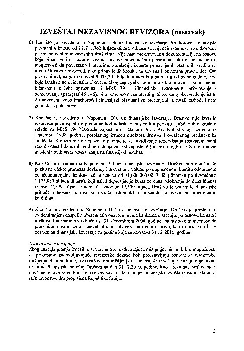 Izvestaj nezavisnog revizora 2010 str3 RTB BOR, IAKO JE OBEĆANO, NIJE ODGOVORIO NA IZVEŠTAJ REVIZORA O POSLOVANJU TE KOMPANIJE ZA 2010.