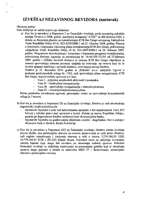 Izvestaj nezavisnog revizora 2010 str4 RTB BOR, IAKO JE OBEĆANO, NIJE ODGOVORIO NA IZVEŠTAJ REVIZORA O POSLOVANJU TE KOMPANIJE ZA 2010.
