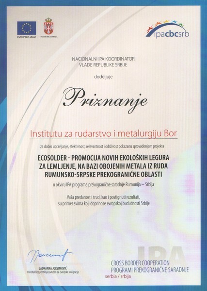 Instutut za rudarstvo i metalurgiju Bor - dobitnik Priznanja za najbolji srpski projekat prekogranične saradnje