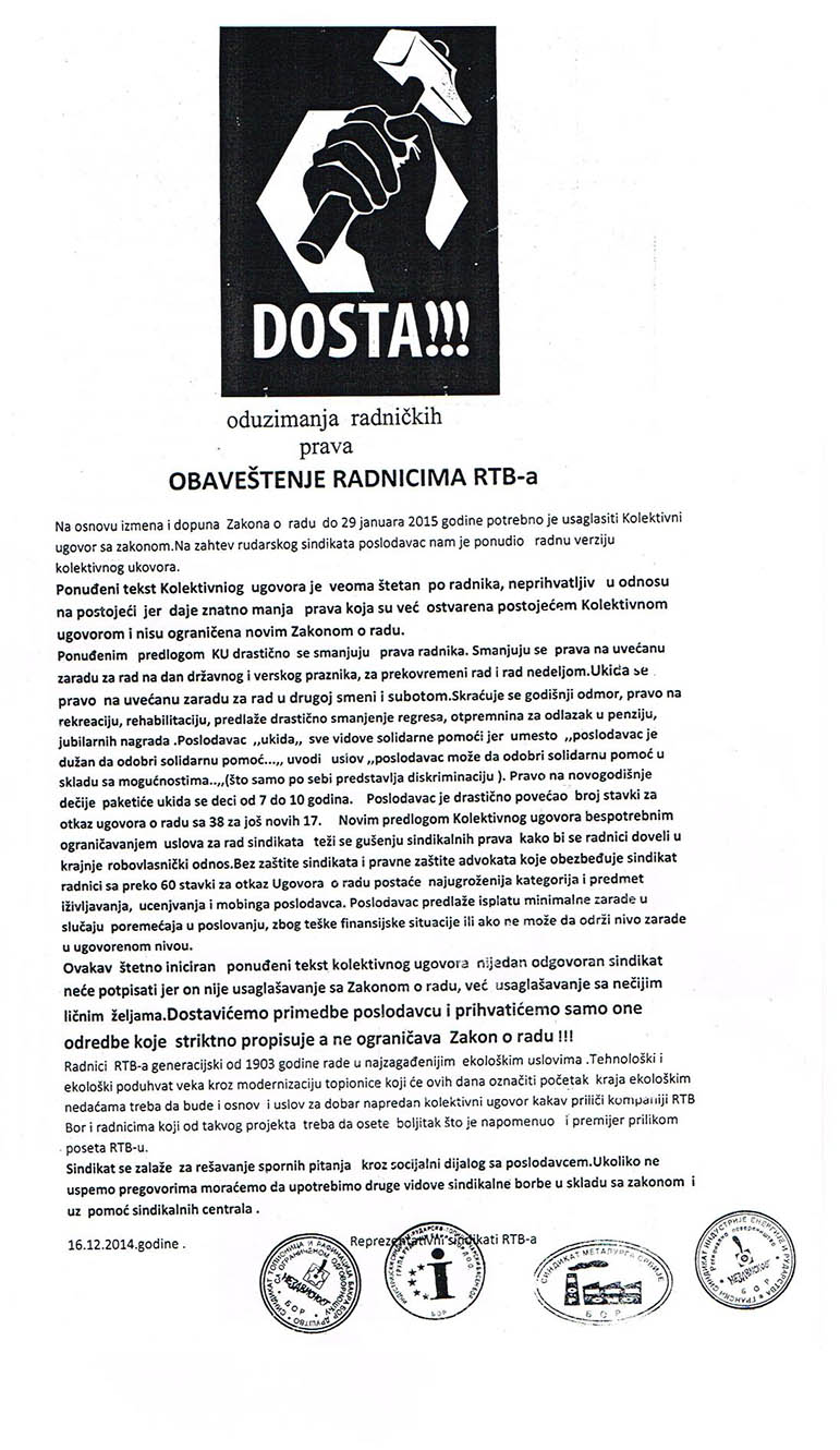 Sindikati RTB-a Bor: Radnici će izgubiti mnoga dosadašnja prava